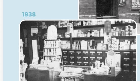 Interior of the pharmacy showing rows of dispensing bottles, 1938