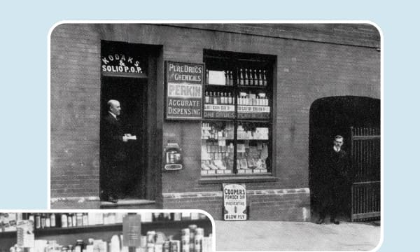 Easons storefront with Perkin Accurate Dispensing signage, 1938