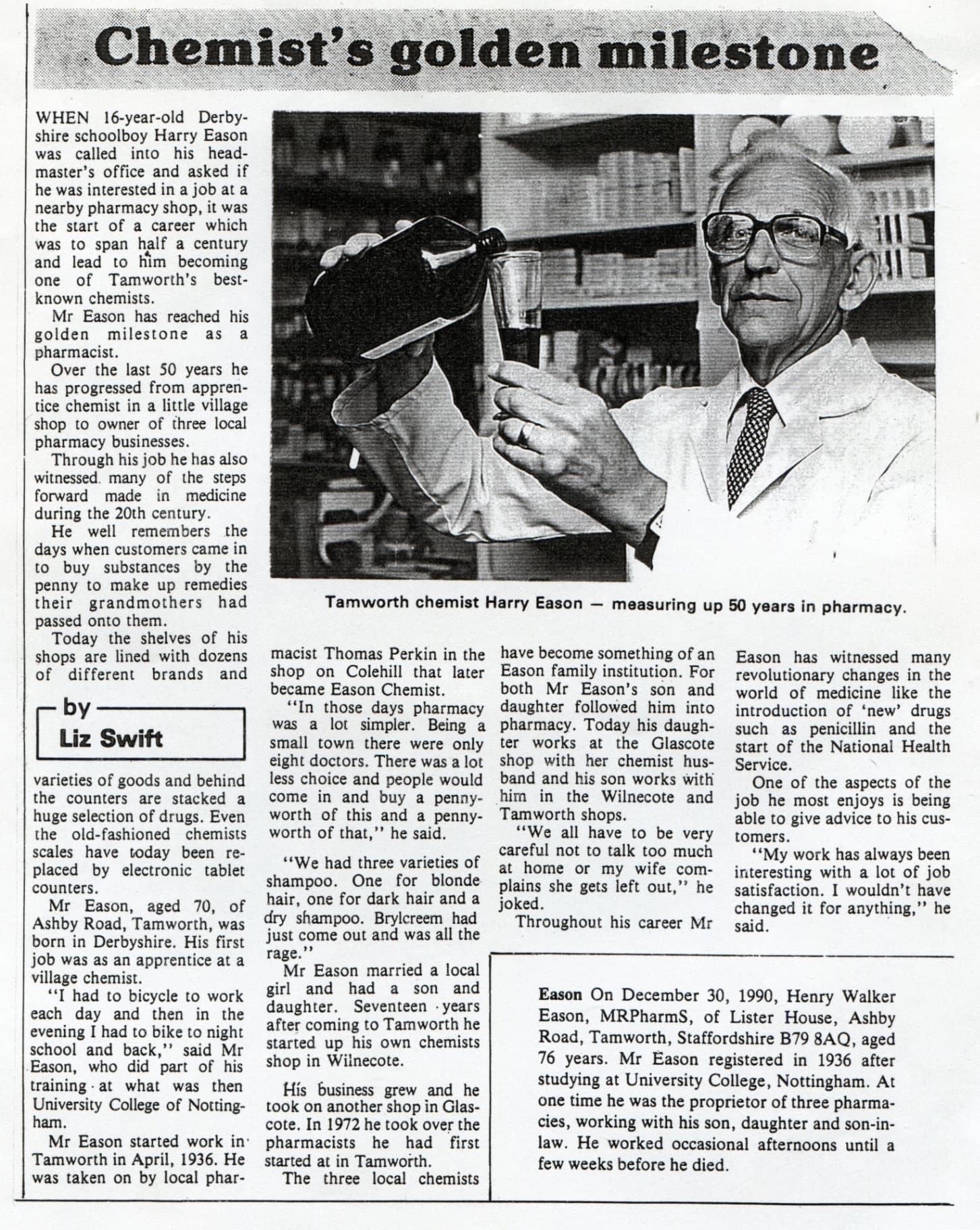 Newspaper clipping: Chemist's golden milestone, marking 50 years of Harry Eason in Tamworth pharmacy