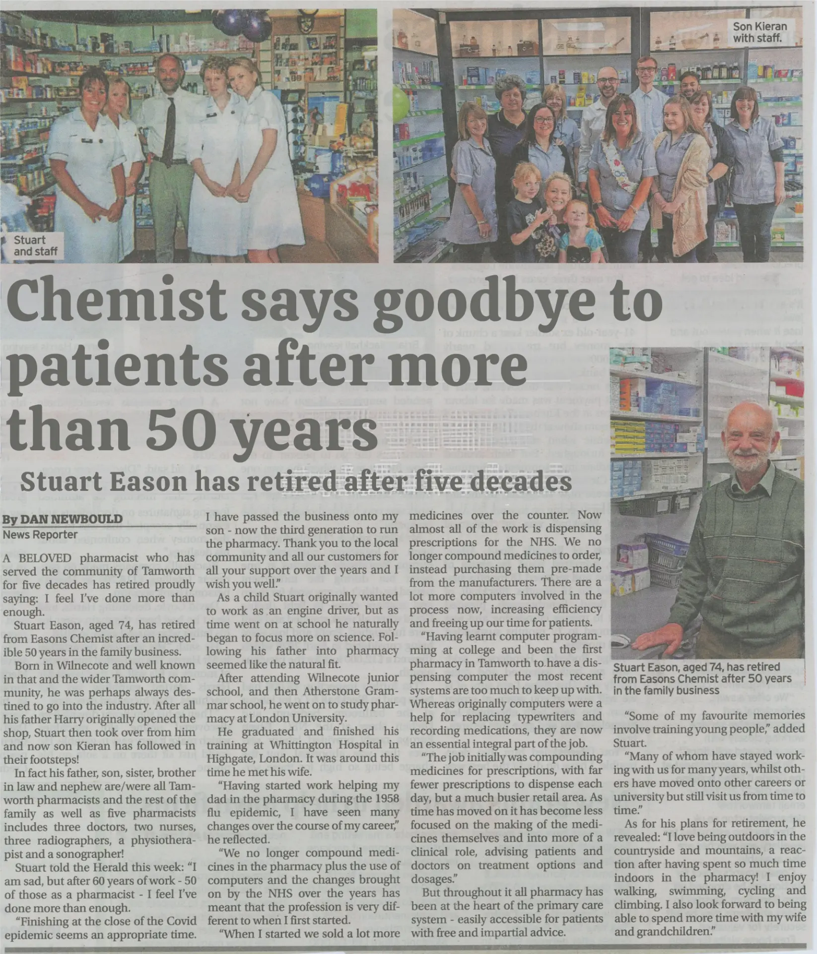 Tamworth Herald clipping covering Stuart Eason's retirement from the family pharmacy